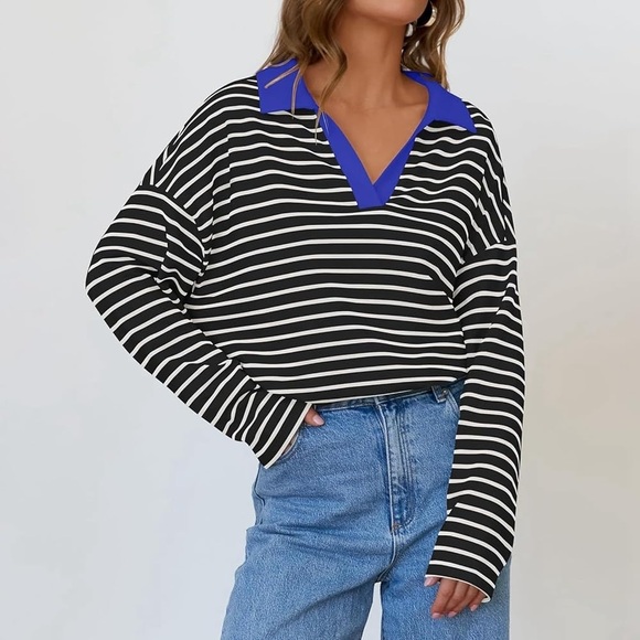 ZESICA Black Striped Polo Long Sleeves Blouse NWT Size M - Picture 1 of 8